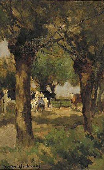 Jan Hendrik Weissenbruch Milking cows underneath the willows